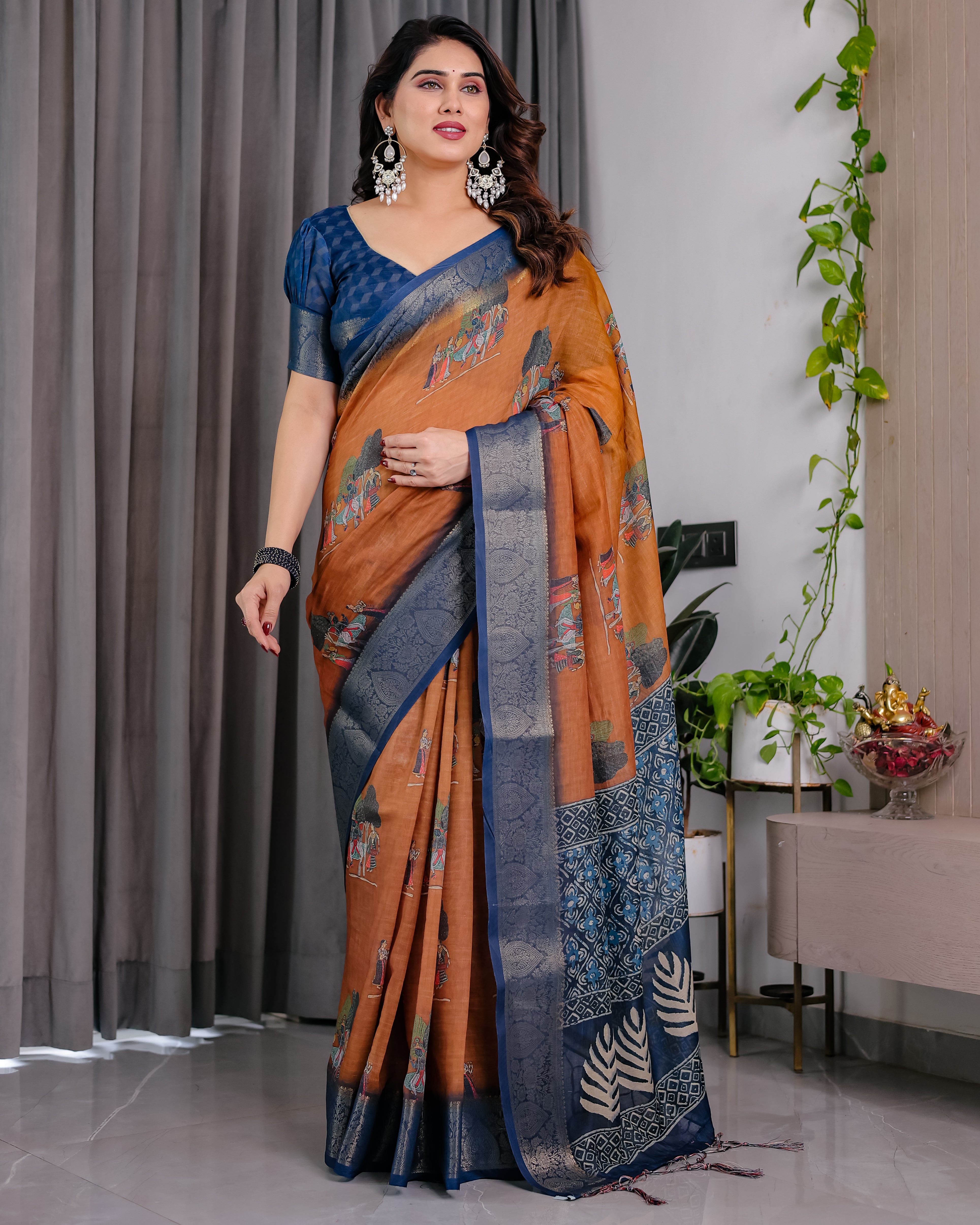 Pure Handloom Linen Saree with Floral Print & Zari Border | Elegant Ethnic Wear for Festive & Casual Styling