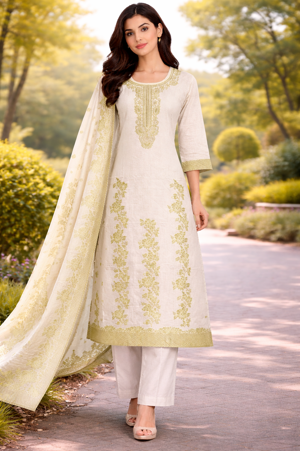 Off-White Cotton Jacquard 3-Piece Suit Set for Women