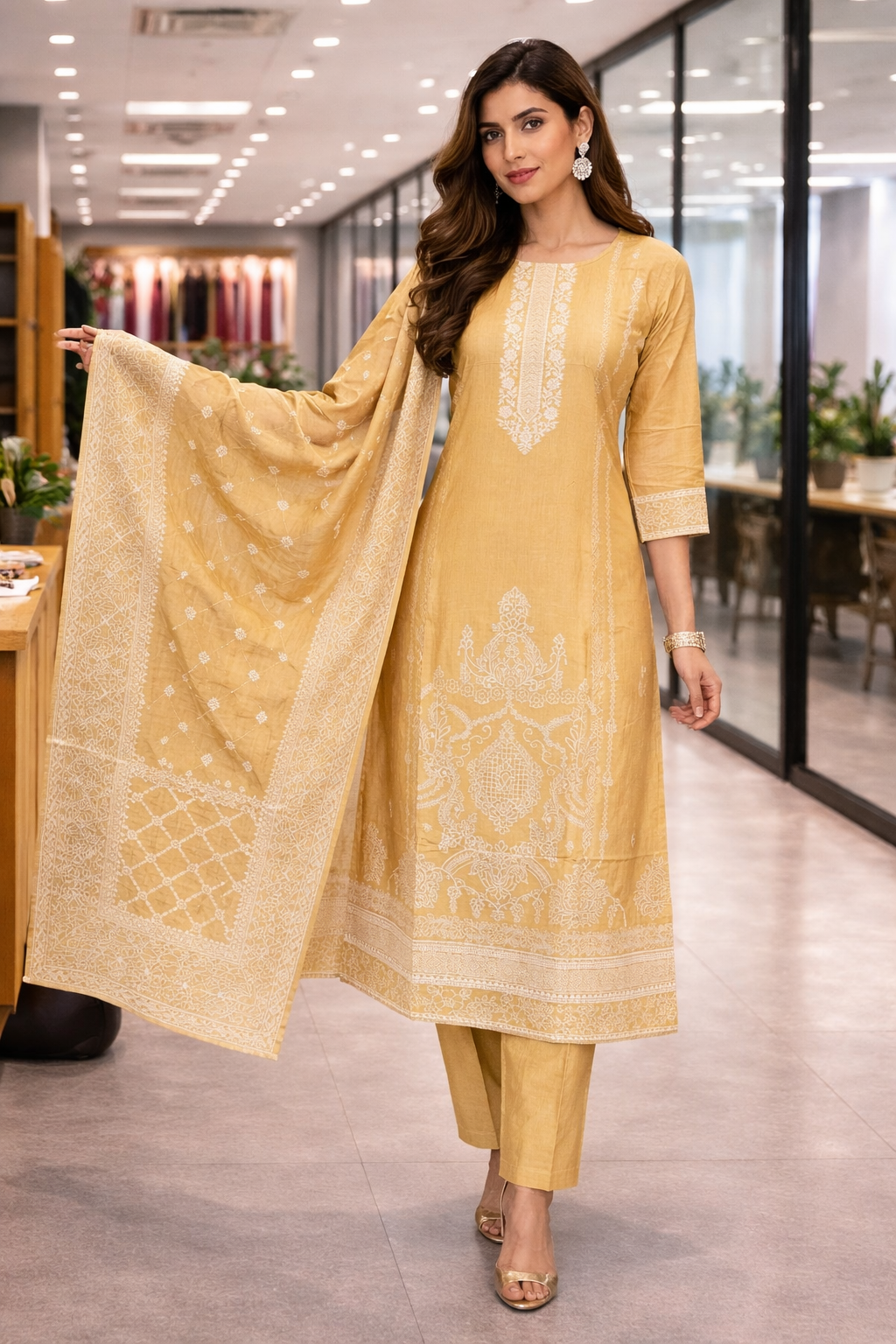 Mustard Cotton Jacquard 3-Piece Suit Set for Women