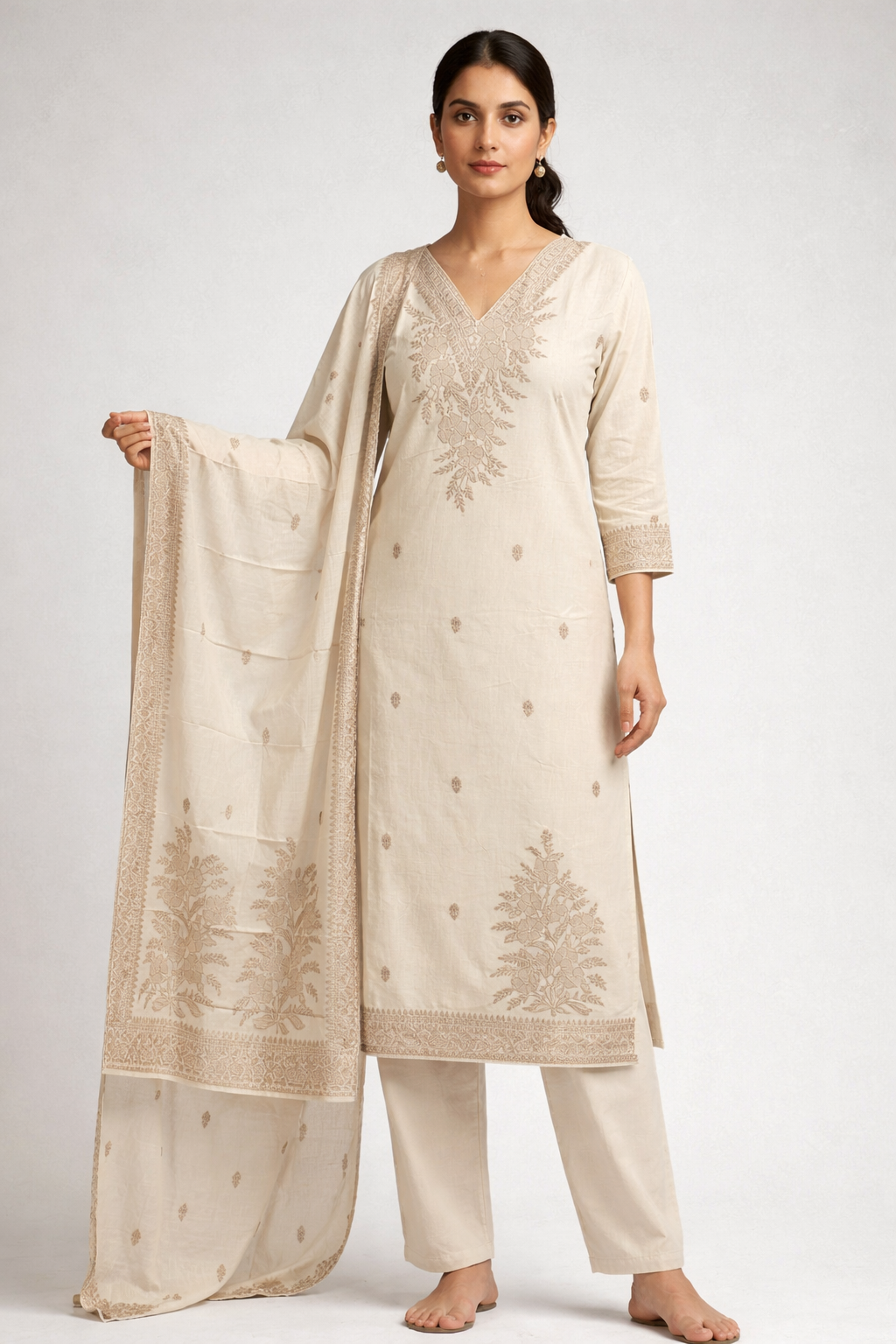 Beige Cotton Jacquard 3-Piece Suit Set for Women