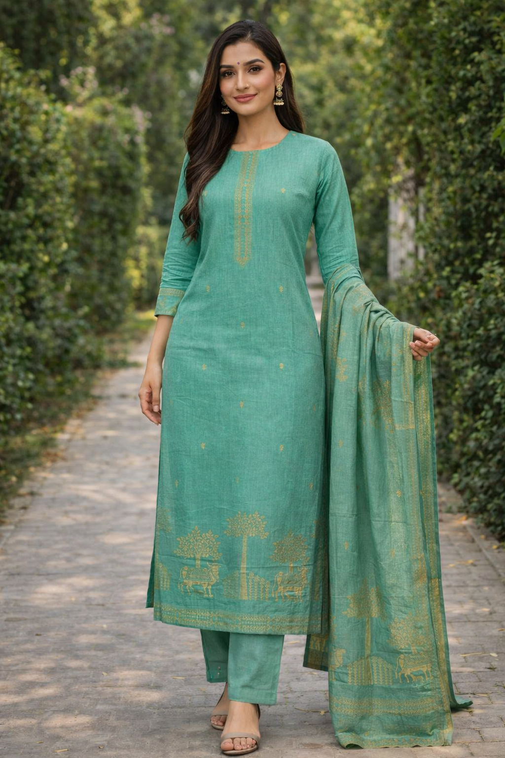 Green Cotton Jacquard 3-Piece Suit Set for Women