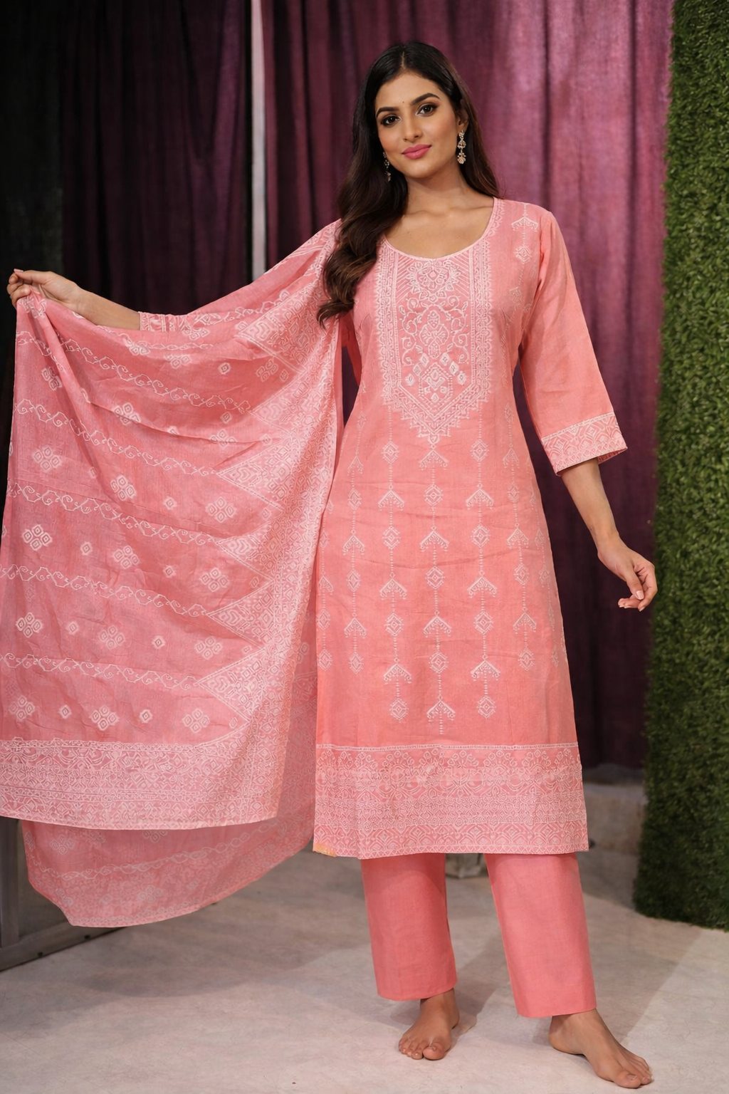 Peach Cotton Jacquard 3-Piece Suit Set for Women
