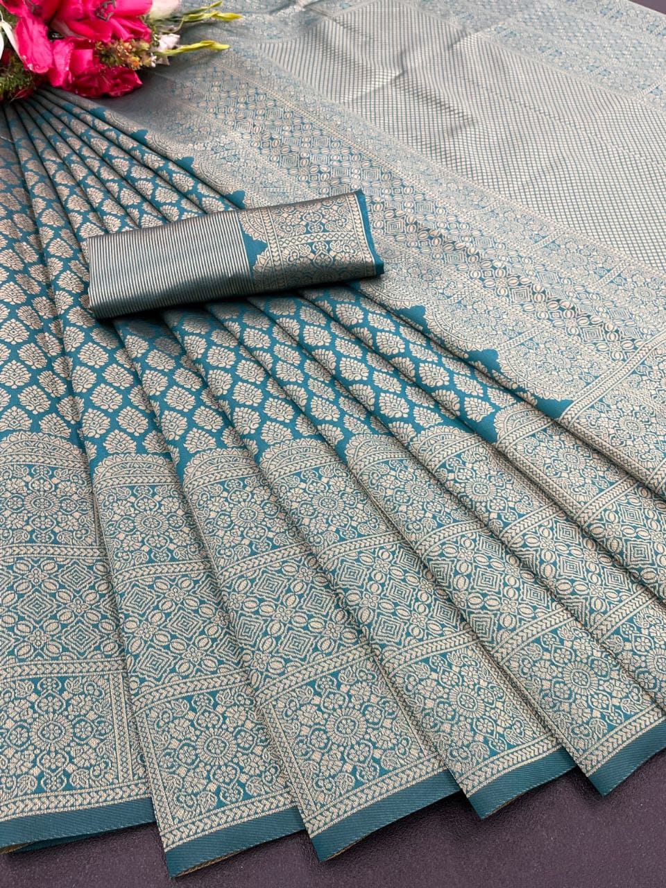 ANUPAMA Banarasi Soft Silk Saree in Rama Green with Golden Zari